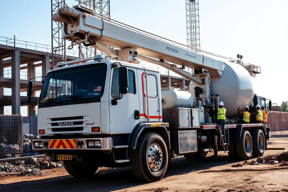 Unit sewa pompa beton concrete pump PT Mitra Beton Mandiri sedang memompa beton cor di proyek Pekanbaru